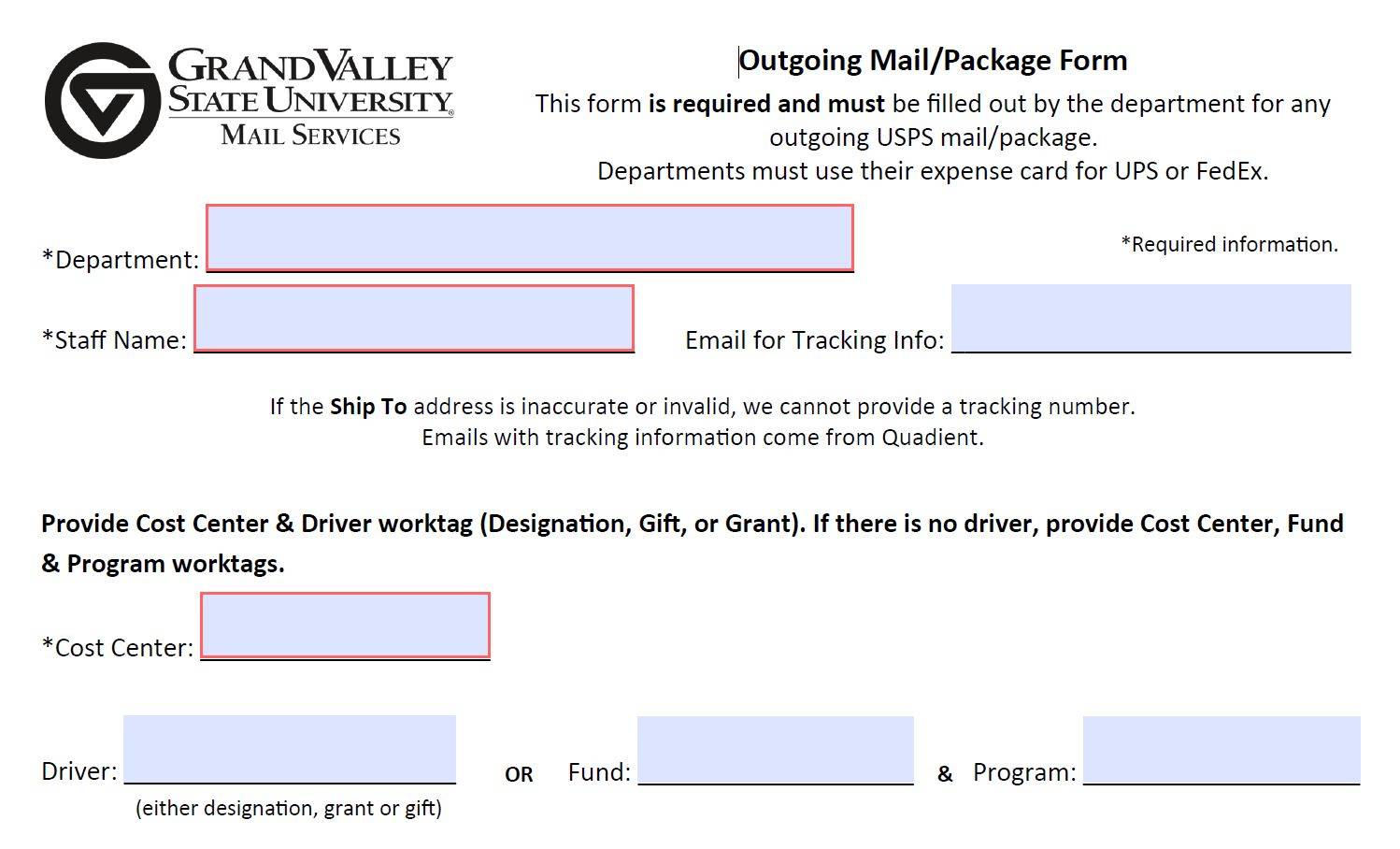 Outgoing Package Form